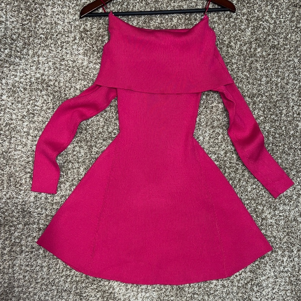 Off-Shoulder Long Sleeve Knit Dress in Hot Pink